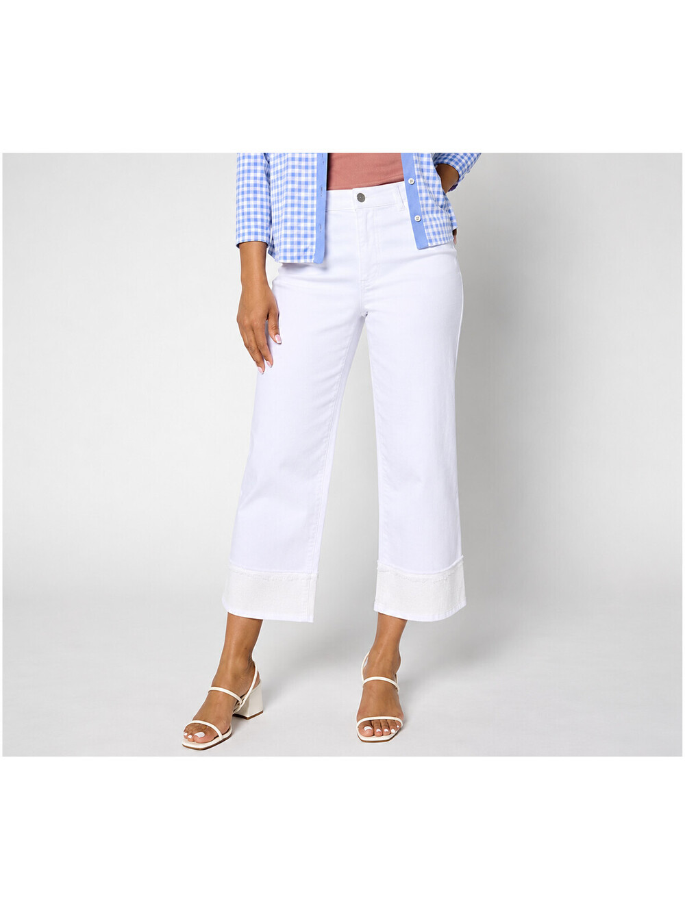 Susan Graver Regular Stretch Denim Wide-Leg Crop Jeans with Lace Trim White, 16